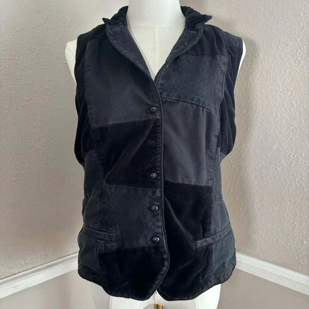 Vintage Ralph Lauren Black Denim Patchwork Velvet Velour Fitted Vest Size Large - Picture 6 of 6